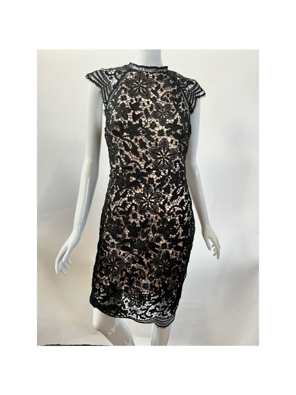 Main Strip Black Floral Lace Dress Sleeveless High Neck Size M